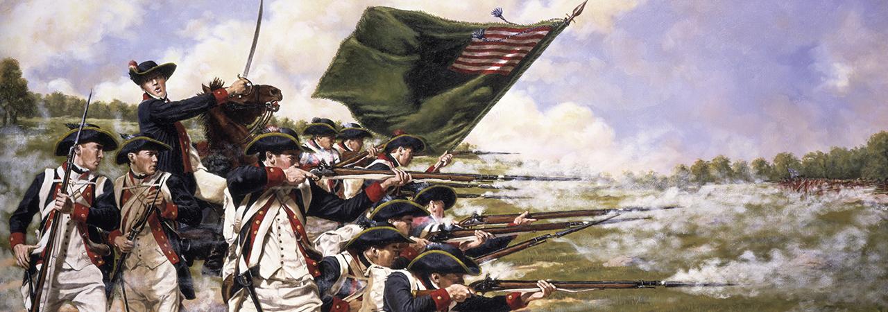 This painting depicts soldiers firing in a line at the Battle of Long Island.
